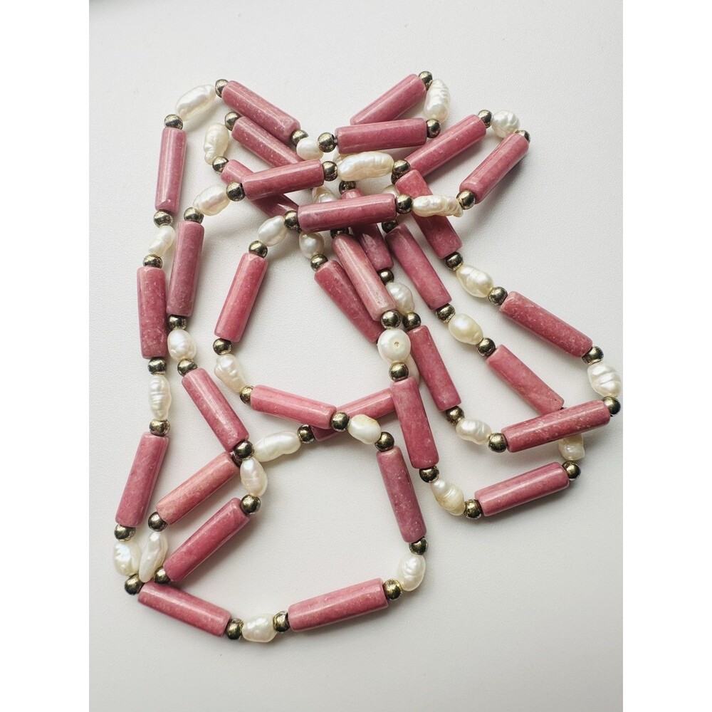 Vintage Rhodonite Freshwater Pearl Beaded Necklace 30”